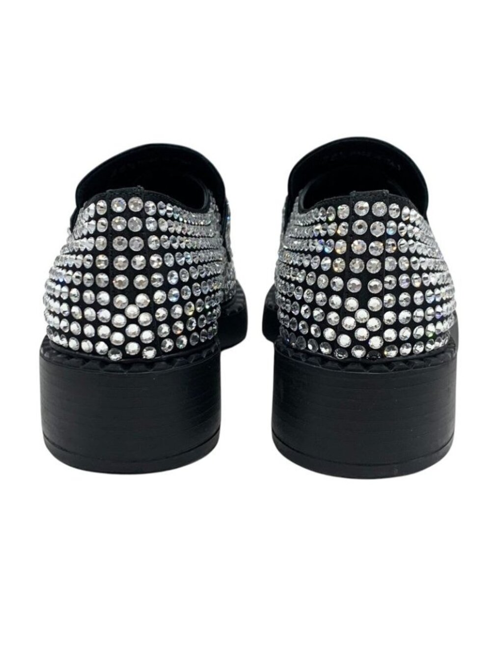 Prada Loafers Leather Shoes Satin Black Crystal Rhinestone Logo Plate - Picture 6 of 11